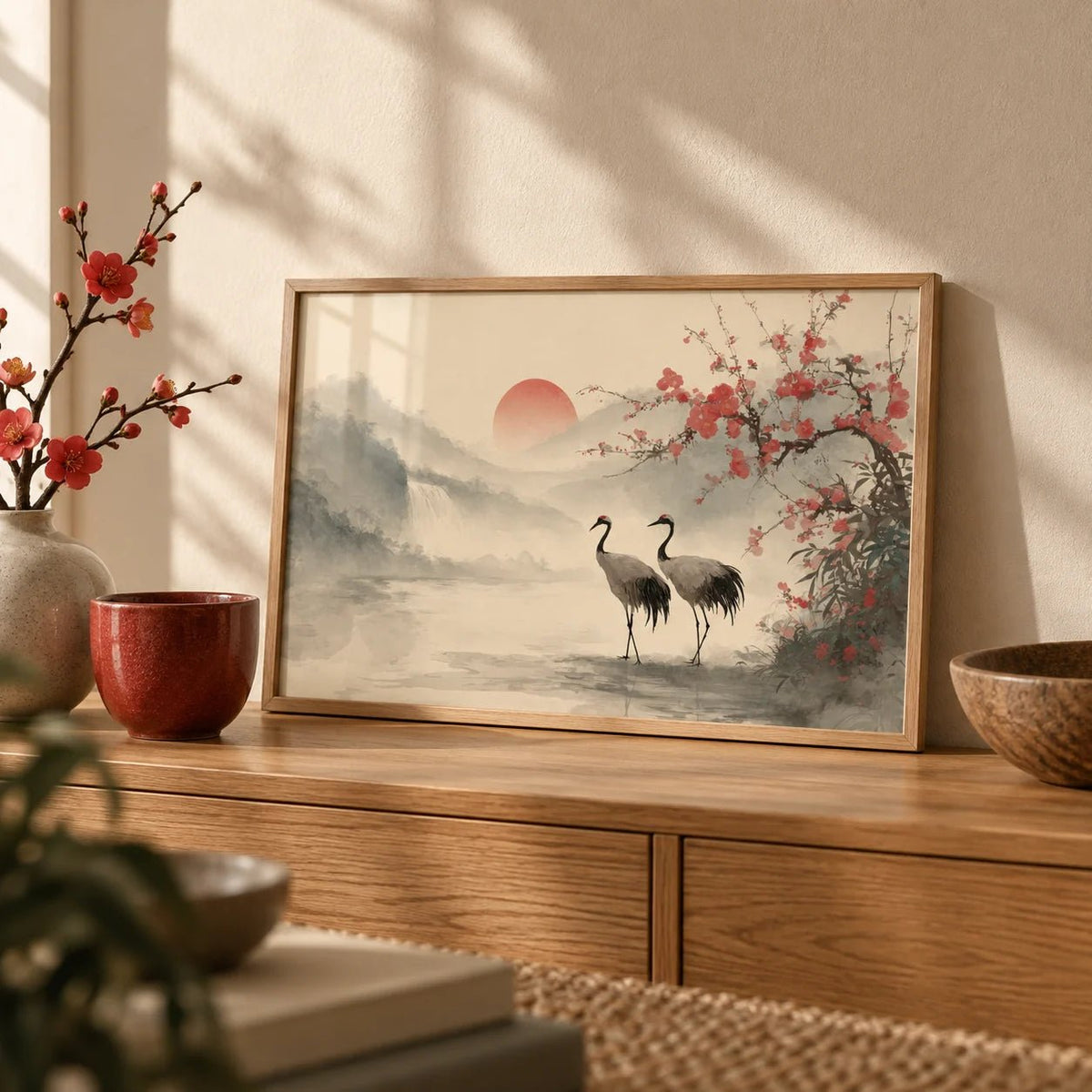 Japanese Art Poster, a small A4 framed print leaning on an oak sideboard in a living room