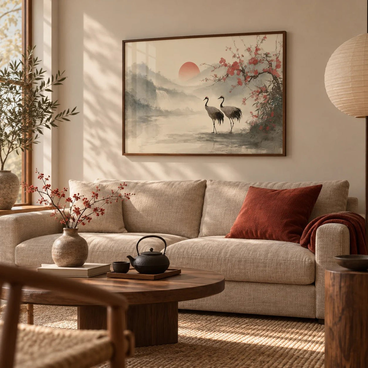 Japanese Art Poster, framed on the wall of a warm Japandi living room