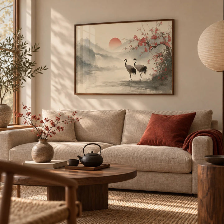 Japanese Art Poster, framed on the wall of a warm Japandi living room