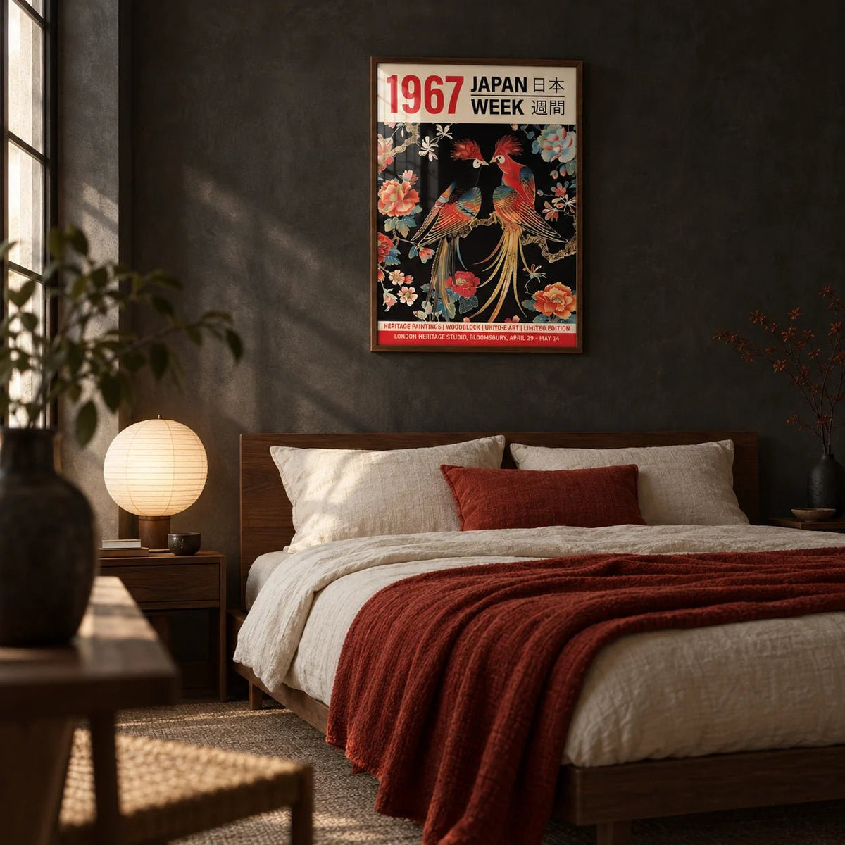 Japanese Art Posters, framed on the wall of a calm dark bedroom with a charcoal limewashed wall