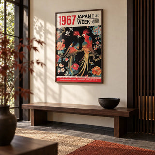Japanese Art Posters, framed on the wall of a Japanese-style entryway with dark slatted timber beside the wall