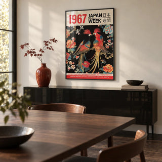 Japanese Art Posters, framed on the wall of a modern dining room with a dark stained oak floor