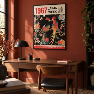 Japanese Art Posters, framed on the wall of a quiet study with a deep rust red painted wall