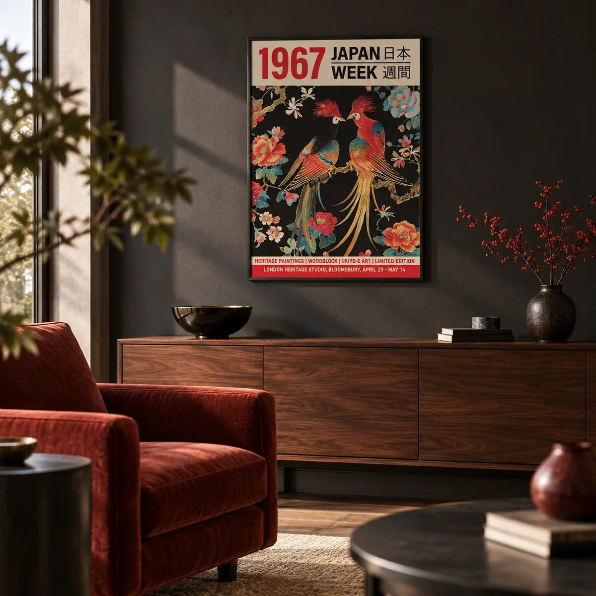 Japanese Art Posters, framed on the wall of a rich Japanese-modern living room with a deep charcoal painted wall
