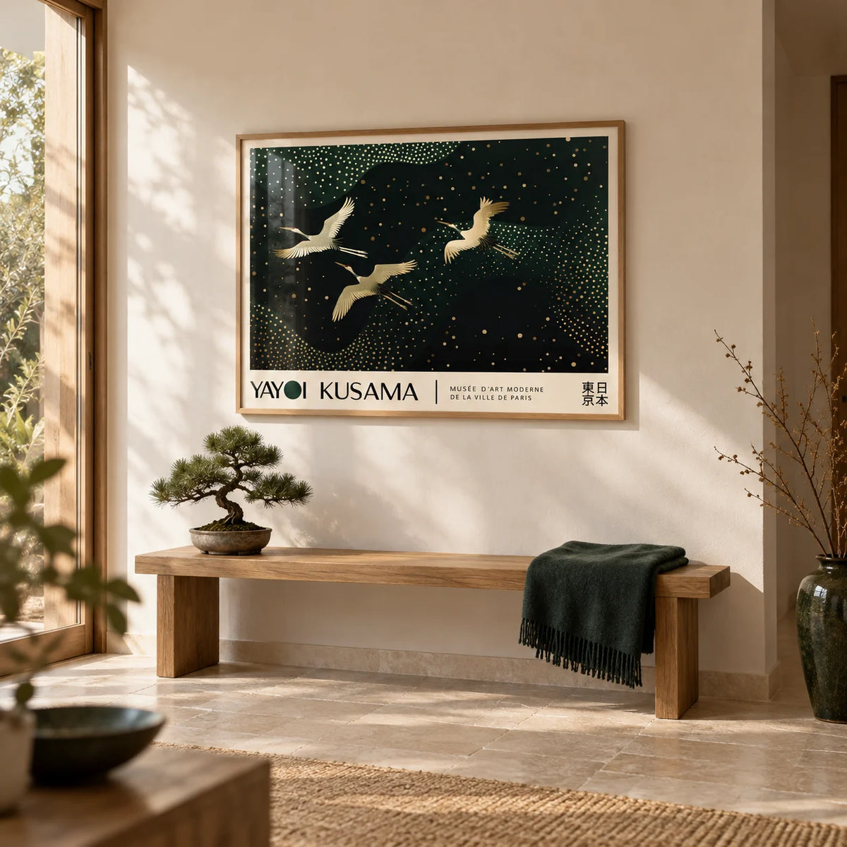 Japanese Art Print, framed on the wall of a calm entrance hall with a warm white wall and a pale stone floor