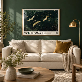 Japanese Art Print, framed on the wall of a calm living room with a deep forest green painted wall and a pale oak floor