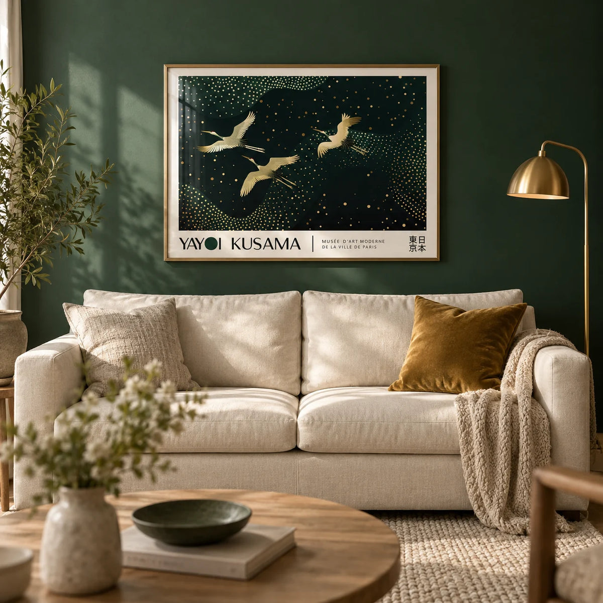 Japanese Art Print, framed on the wall of a calm living room with a deep forest green painted wall and a pale oak floor