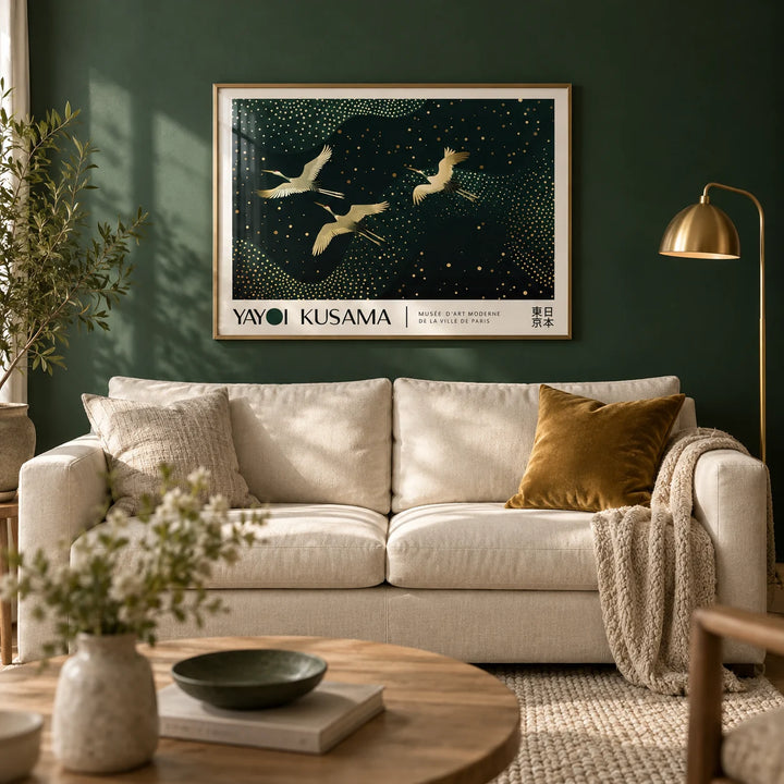 Japanese Art Print, framed on the wall of a calm living room with a deep forest green painted wall and a pale oak floor