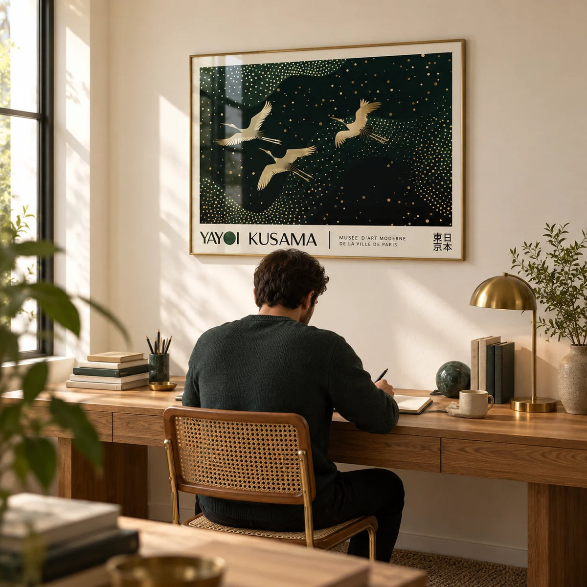 Japanese Art Print, framed on the wall of a quiet home study with a warm white wall