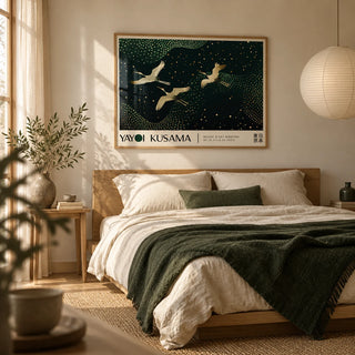 Japanese Art Print, framed on the wall of a quiet Japandi bedroom with a warm cream wall