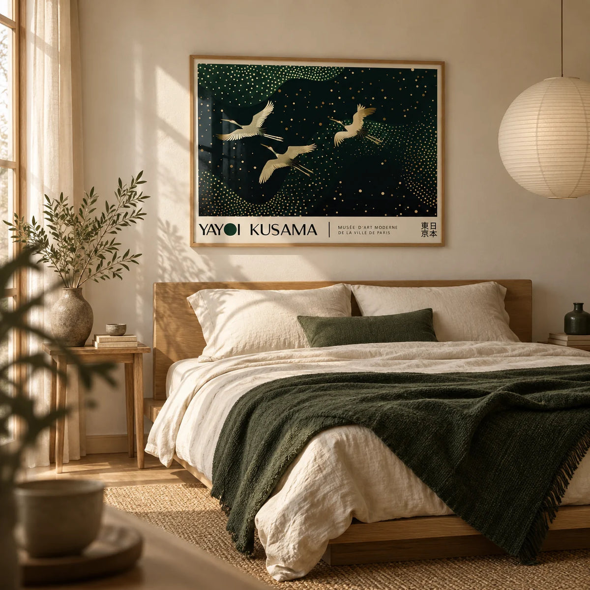Japanese Art Print, framed on the wall of a quiet Japandi bedroom with a warm cream wall