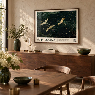 Japanese Art Print, framed on the wall of a refined dining room with a soft stone wall