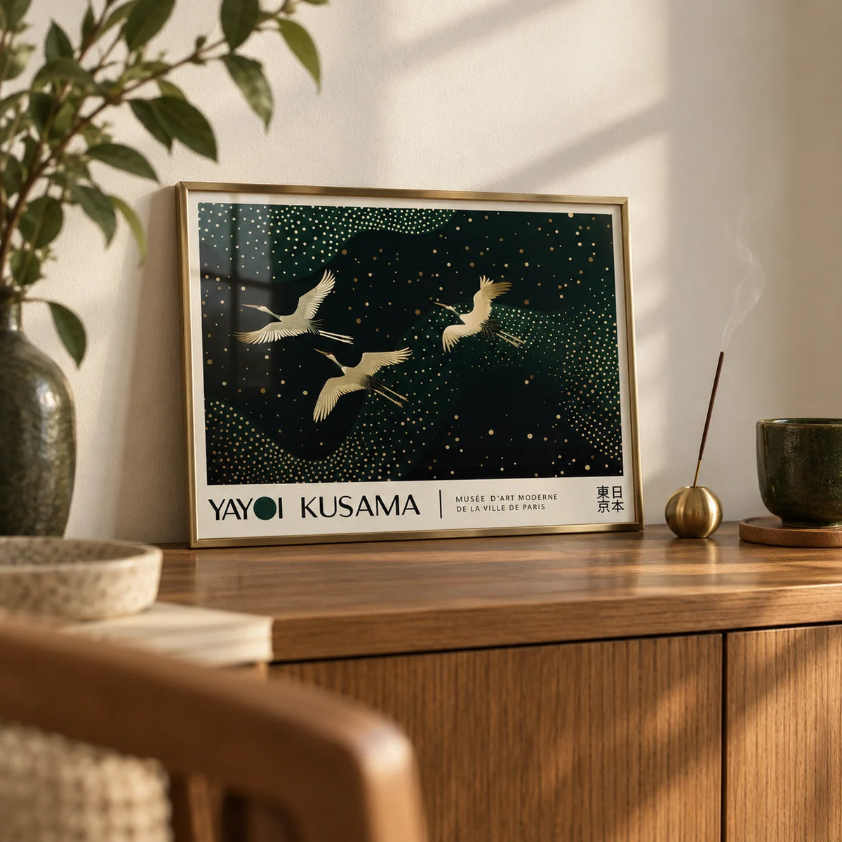 Japanese Art Print, a small A4 framed print leaning on an oak sideboard in a living room