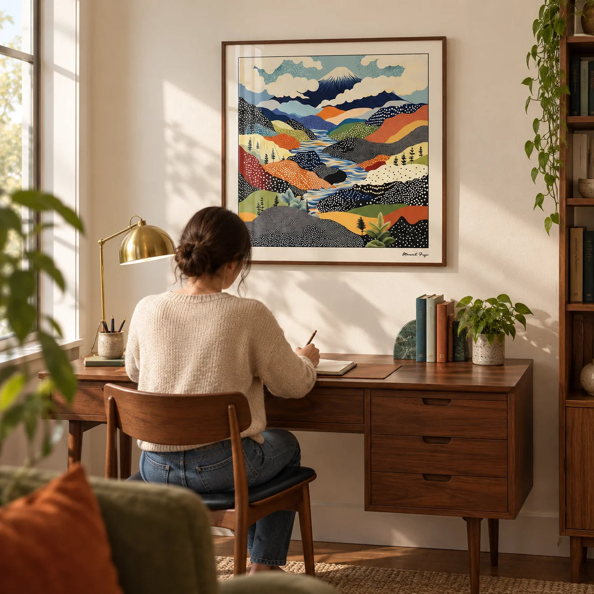 Japanese Art Prints, framed on the wall of a mid-century home study with a pale cream wall