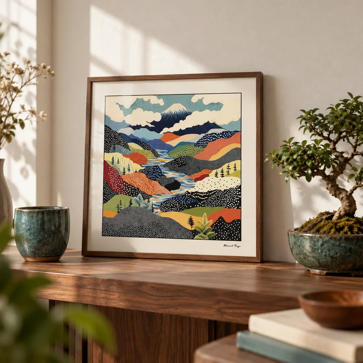 Japanese Art Prints, a small A4 framed print leaning on a walnut shelf in a living room