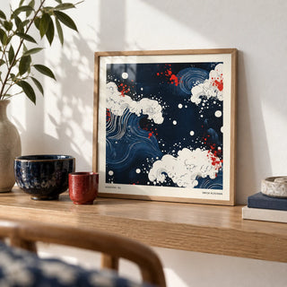 Japanese Art, a small A4 framed print leaning on an oak shelf in a living room