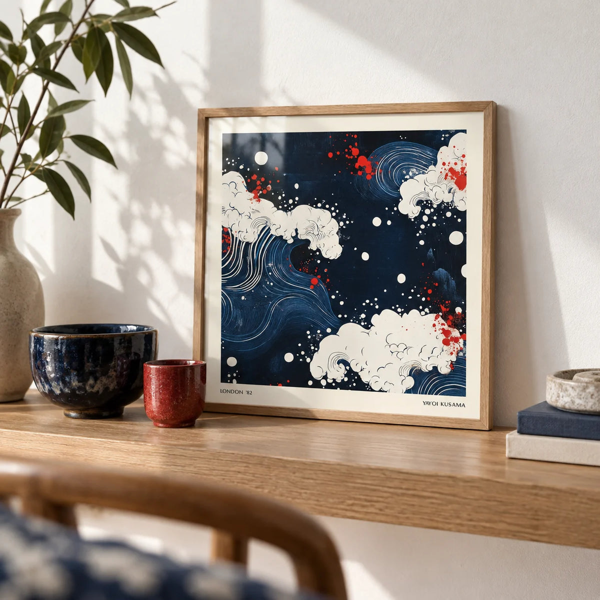 Japanese Art, a small A4 framed print leaning on an oak shelf in a living room