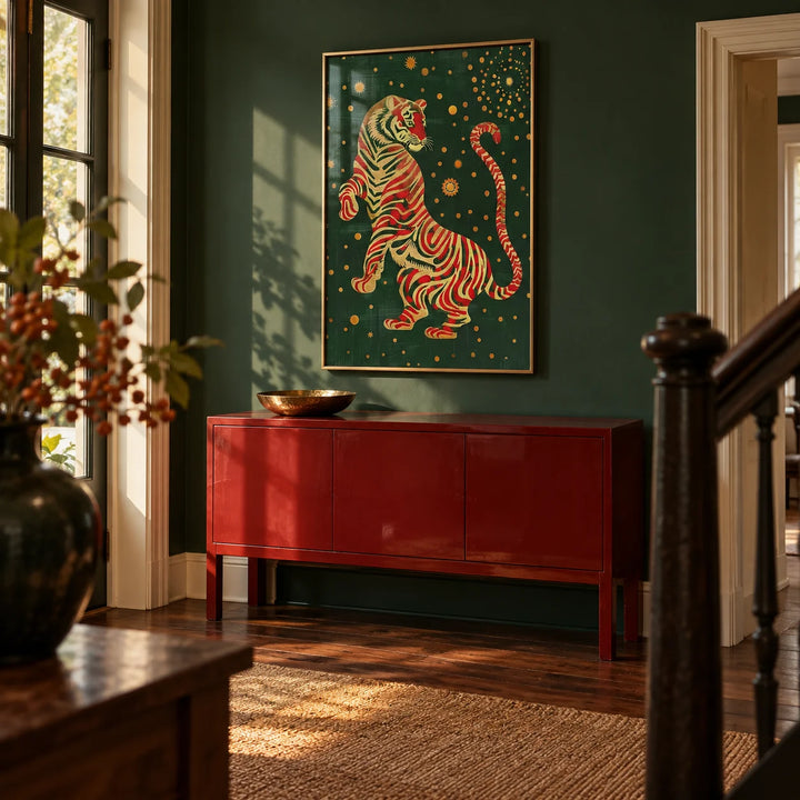 Japanese Art Wall, framed on the wall of a characterful hallway