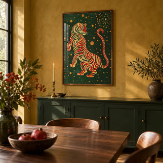 Japanese Art Wall, framed on the wall of an elegant dining room