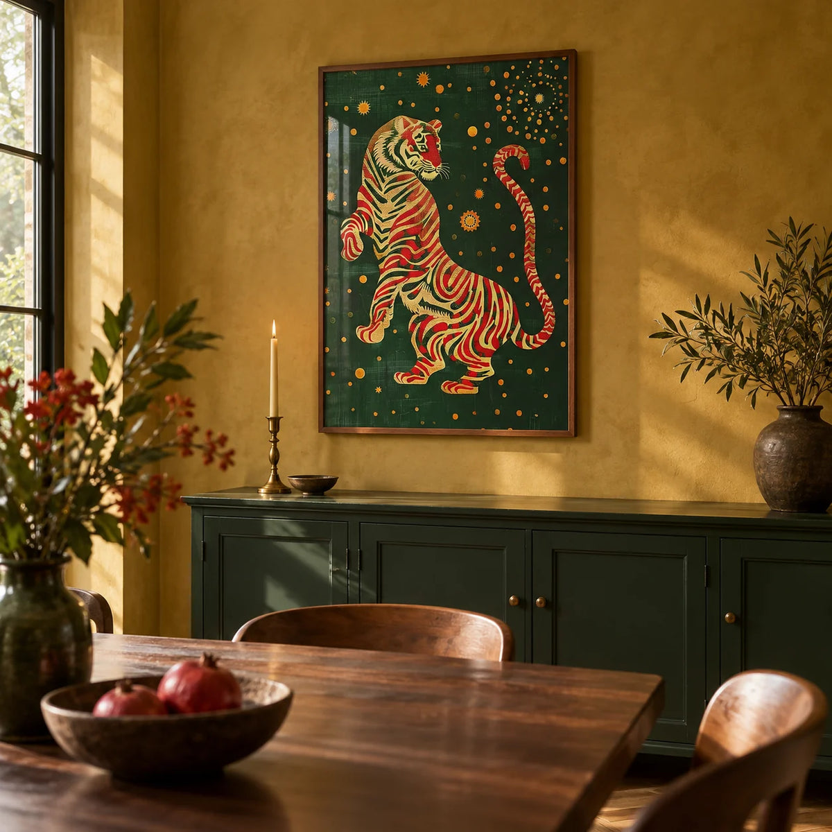 Japanese Art Wall, framed on the wall of an elegant dining room