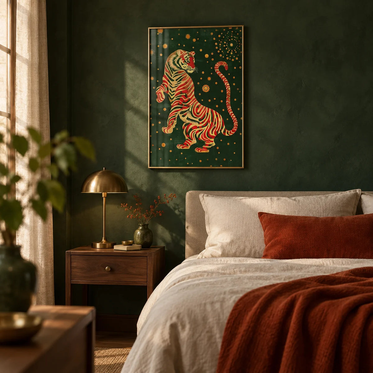 Japanese Art Wall, framed on the wall of a moody bedroom with dark green limewashed walls