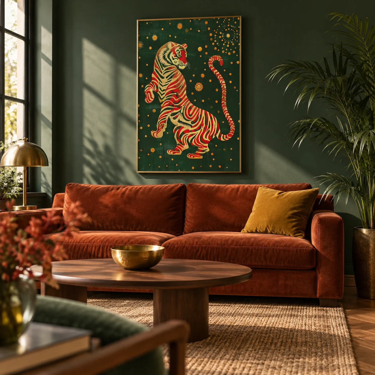 Japanese Art Wall, framed on the wall of a rich modern living room with a deep green painted wall