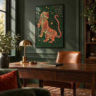Japanese Art Wall, framed on the wall of a rich study with dark green panelling