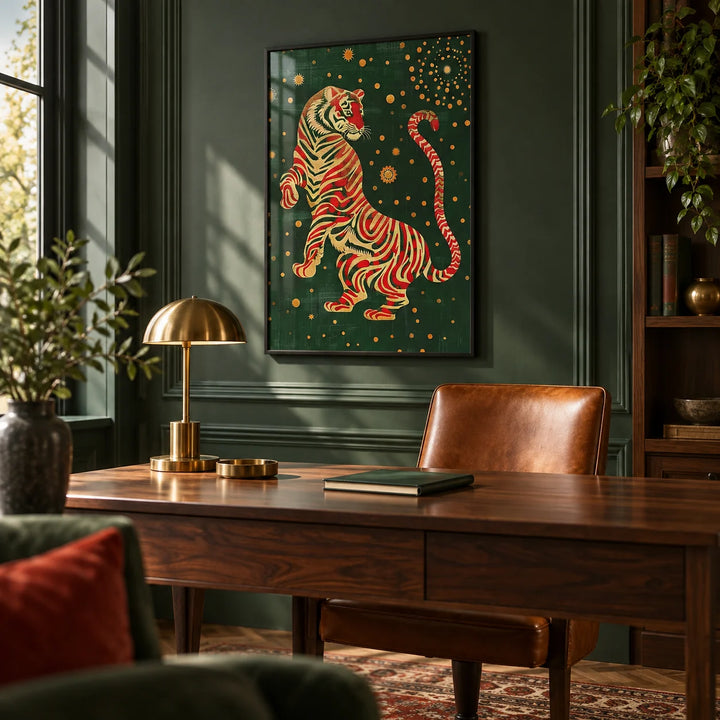 Japanese Art Wall, framed on the wall of a rich study with dark green panelling