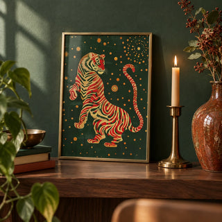 Japanese Art Wall, a small A4 framed print leaning on a walnut shelf in a living room