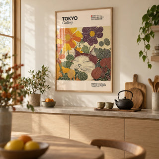 Japanese Artwork, framed on the wall of a calm Japandi kitchen with a warm cream wall and pale oak cabinets