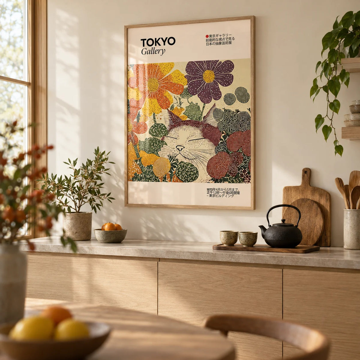 Japanese Artwork, framed on the wall of a calm Japandi kitchen with a warm cream wall and pale oak cabinets