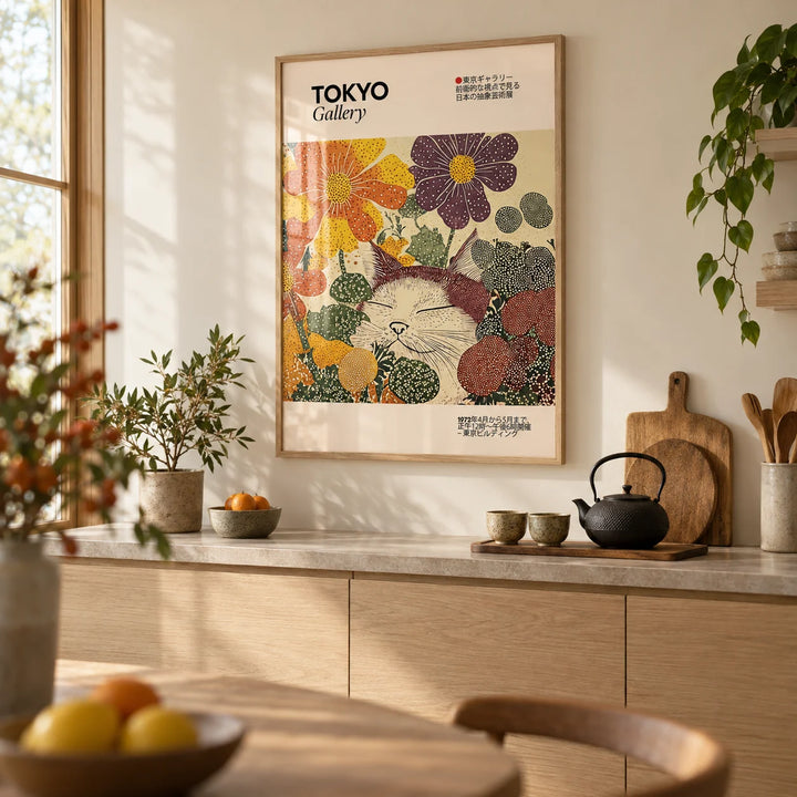 Japanese Artwork, framed on the wall of a calm Japandi kitchen with a warm cream wall and pale oak cabinets