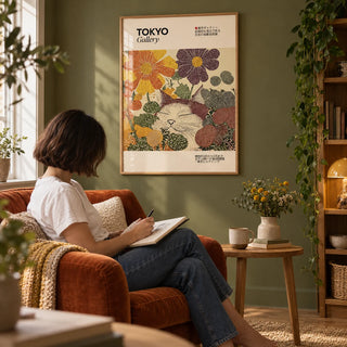 Japanese Artwork, framed on the wall of a cosy reading corner with an olive green painted wall in a living room