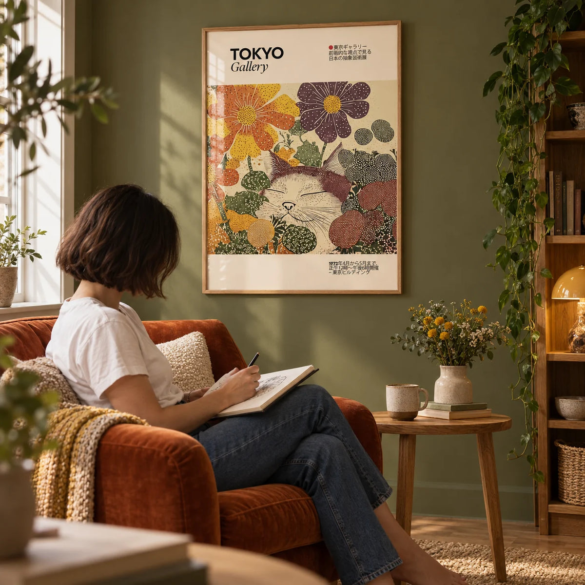 Japanese Artwork, framed on the wall of a cosy reading corner with an olive green painted wall in a living room