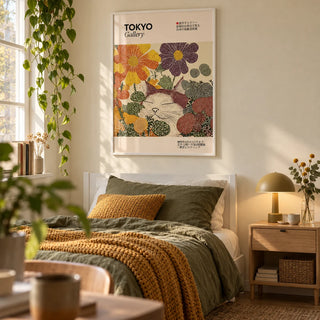 Japanese Artwork, framed on the wall of a cosy single bedroom for a young adult (18-25) with a warm cream wall