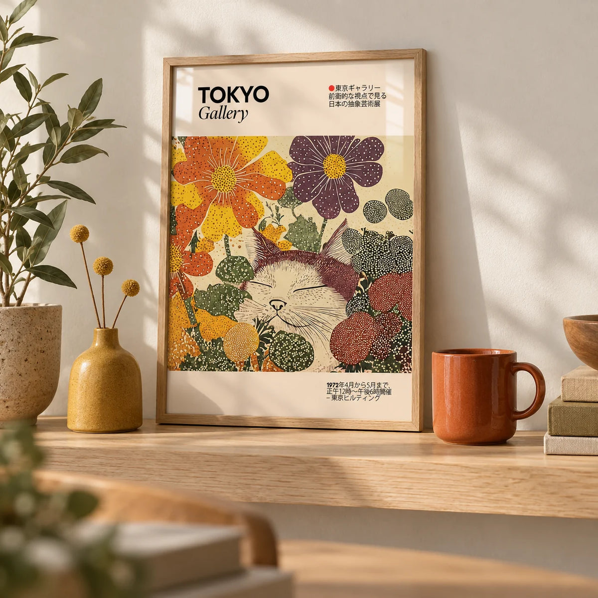 Japanese Artwork, a small A4 framed print leaning on a pale oak shelf in a living room