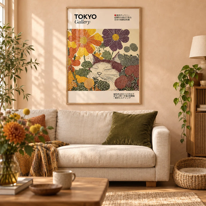 Japanese Artwork, framed on the wall of a warm living room with a soft peach limewash wall and a light oak floor