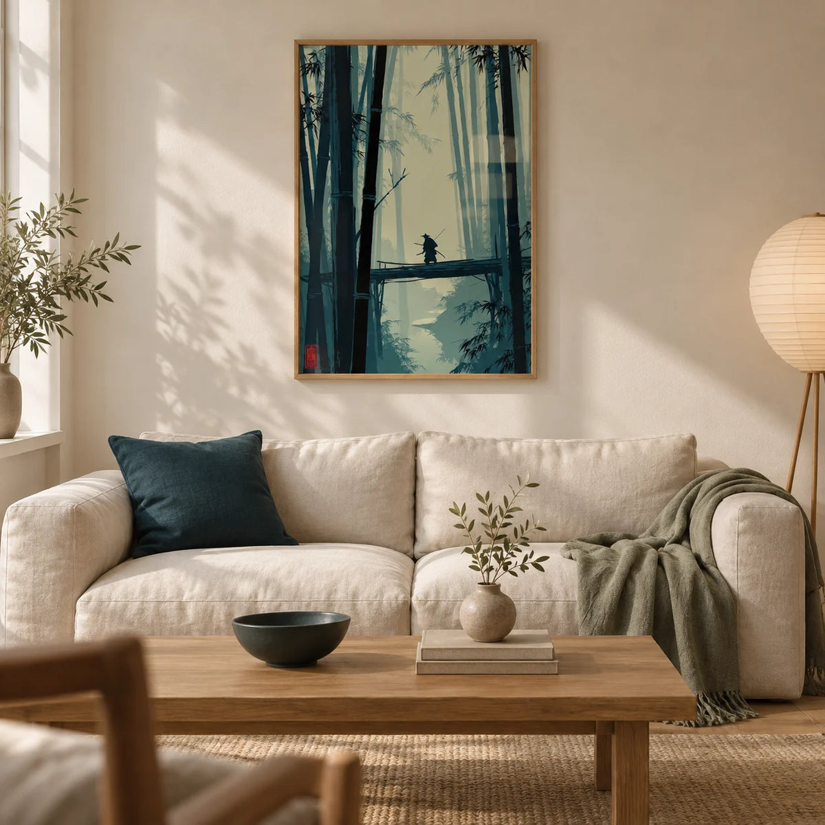 Japanese Bamboo Art Print, framed on the wall of a calm Japandi living room in a UK terraced house with warm white plaster walls and an oak floor