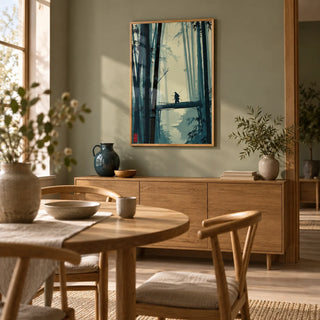 Japanese Bamboo Art Print, framed on the wall of a compact Japandi dining room with a muted sage wall and pale timber floor