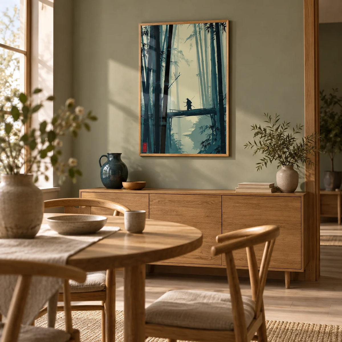 Japanese Bamboo Art Print, framed on the wall of a compact Japandi dining room with a muted sage wall and pale timber floor