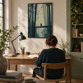 Japanese Bamboo Art Print, framed on the wall of a quiet home study with a warm white wall and a muted sage built-in cupboard