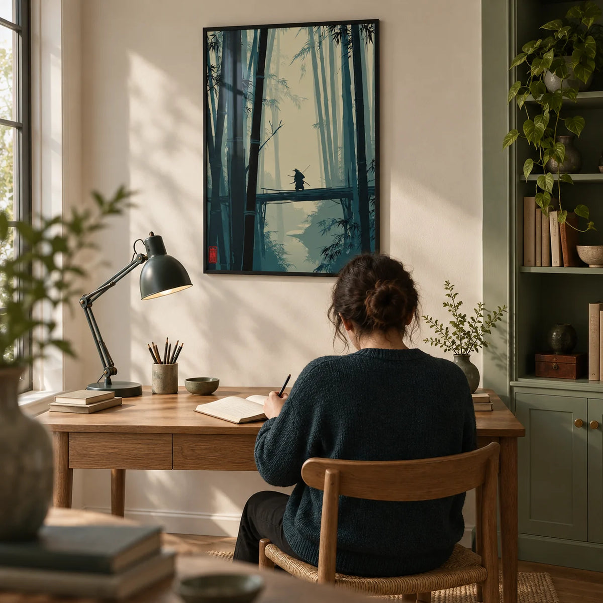 Japanese Bamboo Art Print, framed on the wall of a quiet home study with a warm white wall and a muted sage built-in cupboard