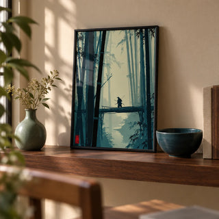 Japanese Bamboo Art Print, a small A4 framed print leaning on a walnut shelf in a living room