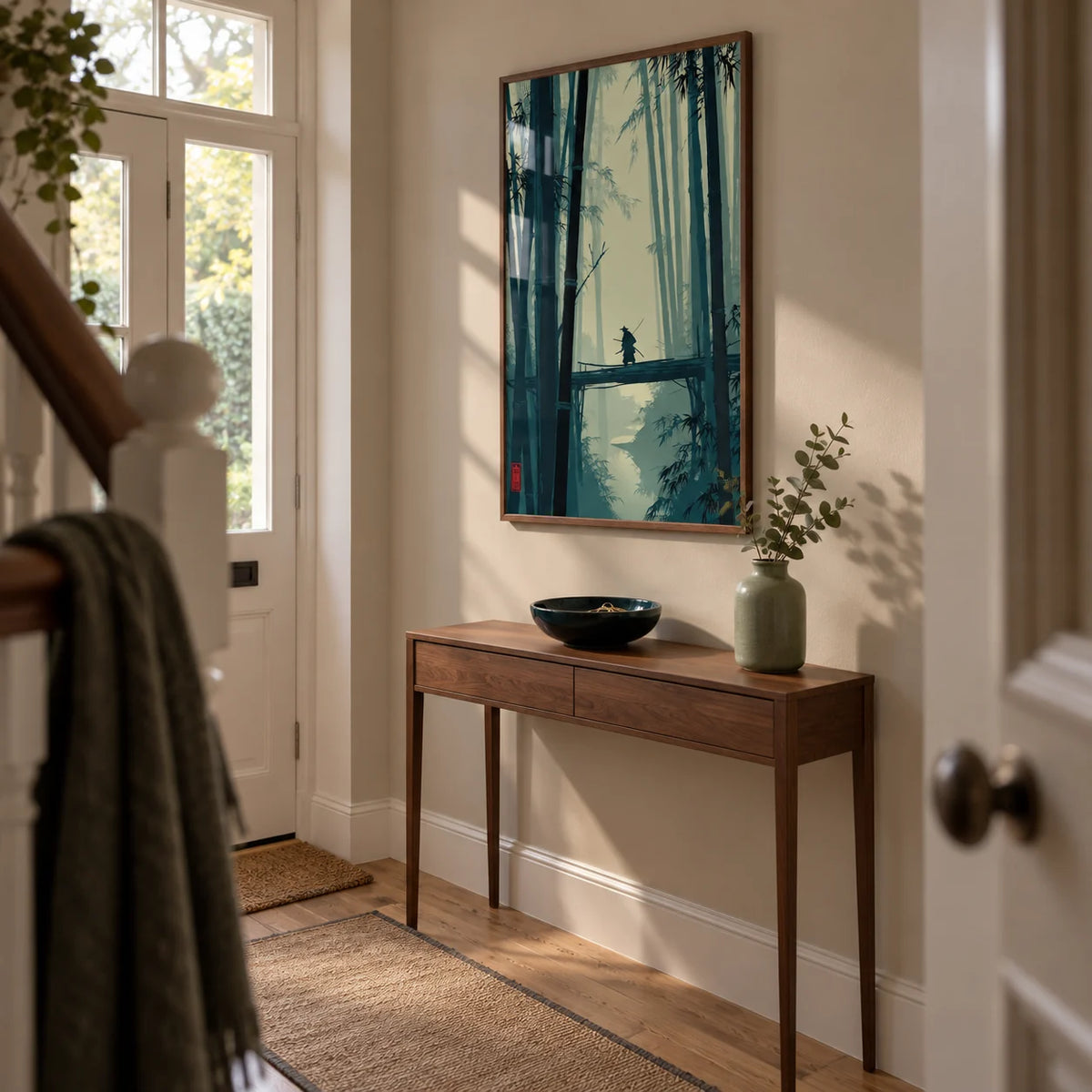 Japanese Bamboo Art Print, framed on the wall of a welcoming narrow hallway in a renovated UK semi with pale beige walls and oak floorboards