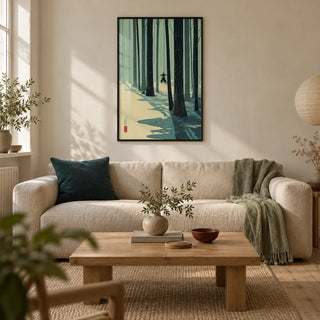 Japanese Bamboo Wall Art, framed on the wall of a calm Japandi living room in a UK terraced house with warm ivory plaster walls and pale oak floorboards