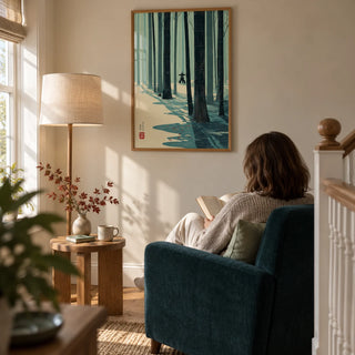 Japanese Bamboo Wall Art, framed on the wall of a quiet reading corner on a spacious UK home landing with a pale beige wall in a living room