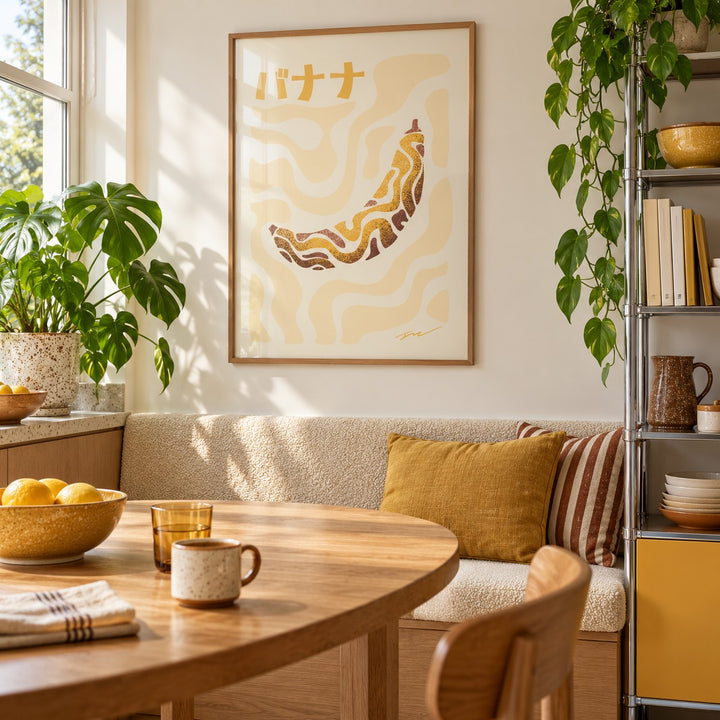Japanese Banana Poster hung above a breakfast nook in a city apartment kitchen (frame not included)