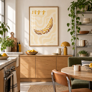 Japanese Banana Poster hung above an oak sideboard in a creative apartment kitchen (frame not included)