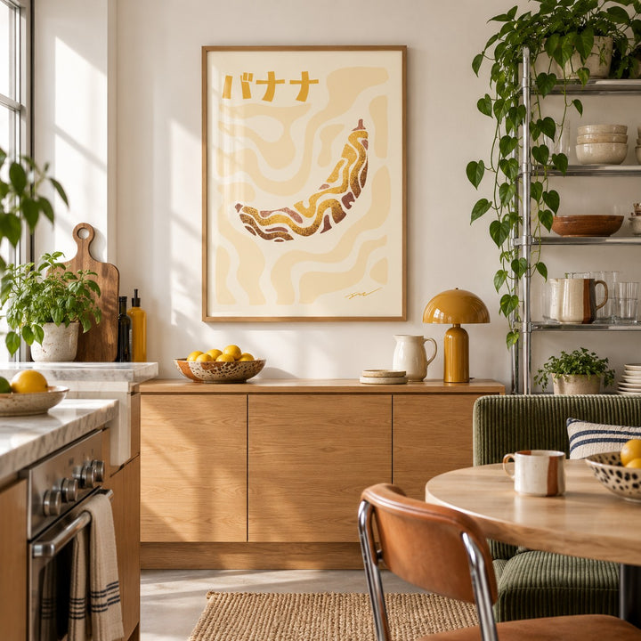 Japanese Banana Poster hung above an oak sideboard in a creative apartment kitchen (frame not included)