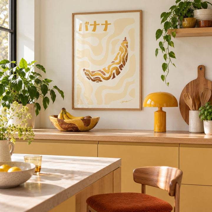 Japanese Banana Poster above the worktop in a minimalist kitchen (frame not included)